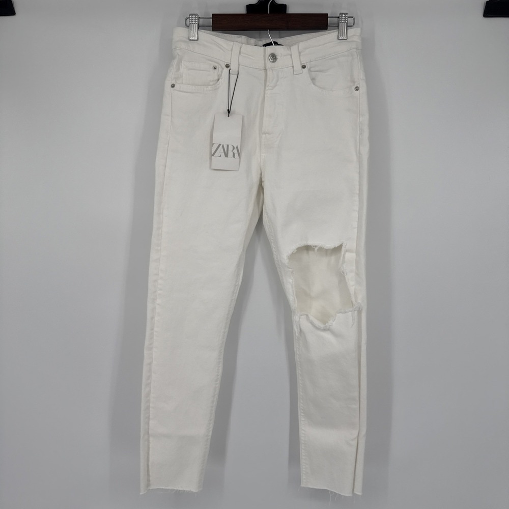 NWT Zara Men's 30 White Denim Distressed Slim Stretch Crop Raw Hemโ Grunge